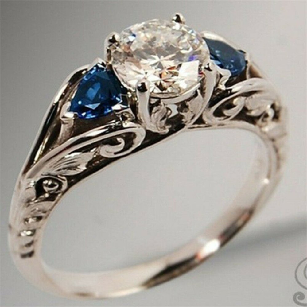 Antique style 925 Sterling Silver white and sapphire blue fashion Ring